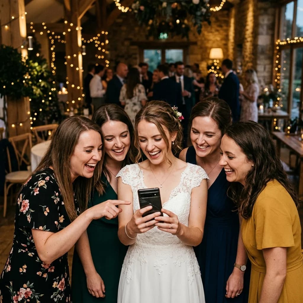 Guests and bride laughing while looking at their Forevio gallery